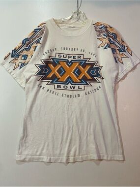 Vintage Reebok 1996 Super Bowl XXX Tee Rare — White with Gold & Teal Graphics
